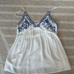 Vintage babydoll blouse White and Blue Embroidered Women's Top